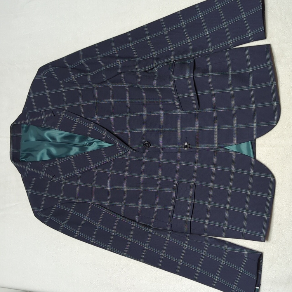 Zara Navy & Green Windowpane Double Vented Blazer Mens Size 40 - Picture 2 of 8